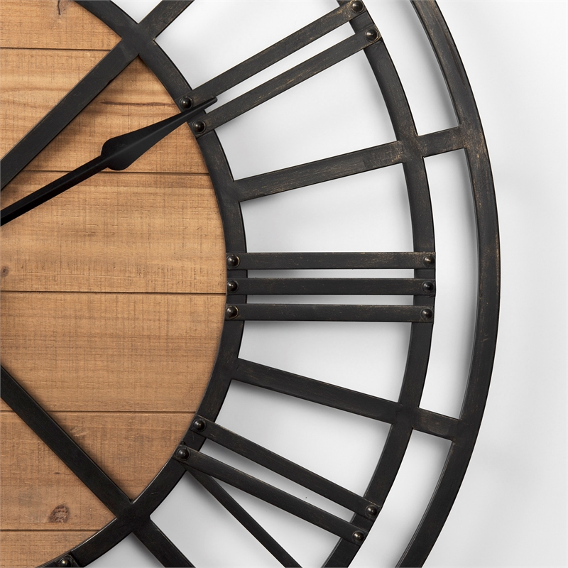 Mercana Lewiston 42.1L X 2.6W X 42.1H Black Iron W/Wood Round Wall Clock