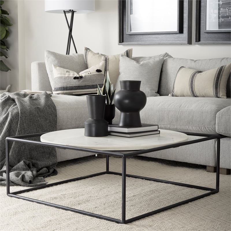Mercana Austen Round White Marble Top W/ Black Metal Frame Coffee Table