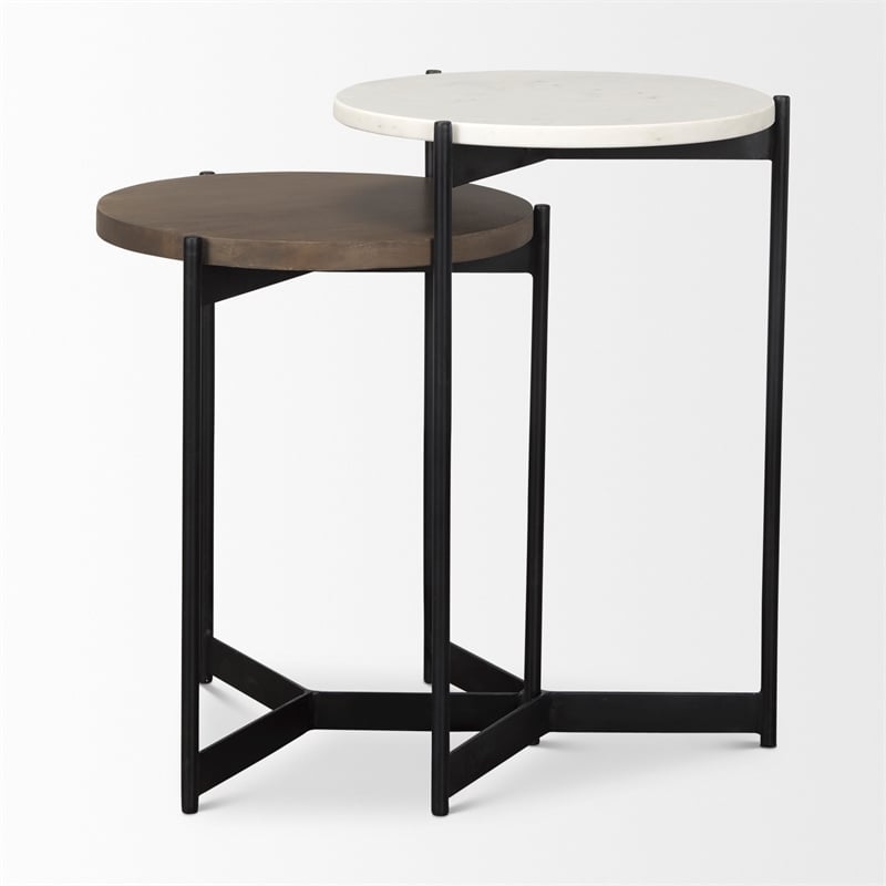 Mercana Larkin Marble & Dark Brown Wood Tabletop Nesting End/Side Table in White