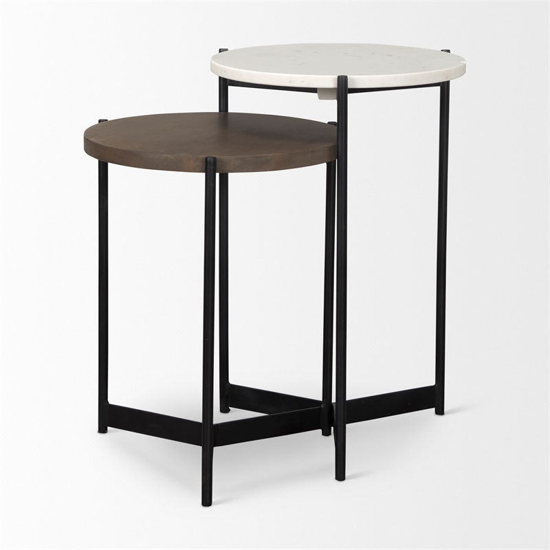 Mercana Larkin Marble & Dark Brown Wood Tabletop Nesting End/Side Table in White