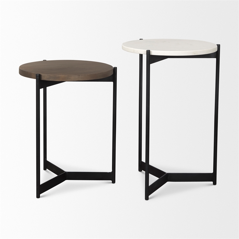 Mercana Larkin Marble & Dark Brown Wood Tabletop Nesting End/Side Table in White