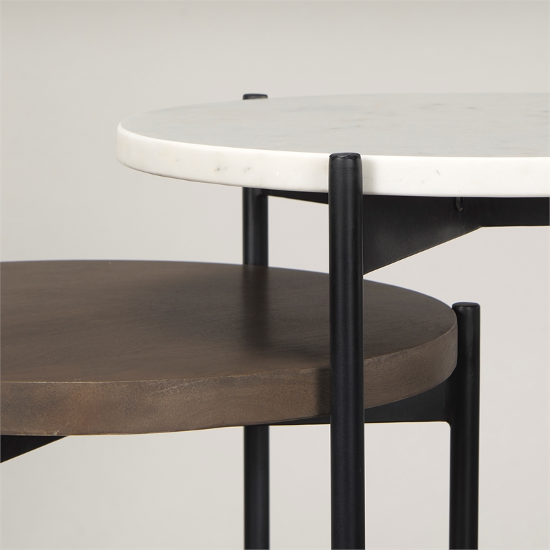 Mercana Larkin Marble & Dark Brown Wood Tabletop Nesting End/Side Table in White