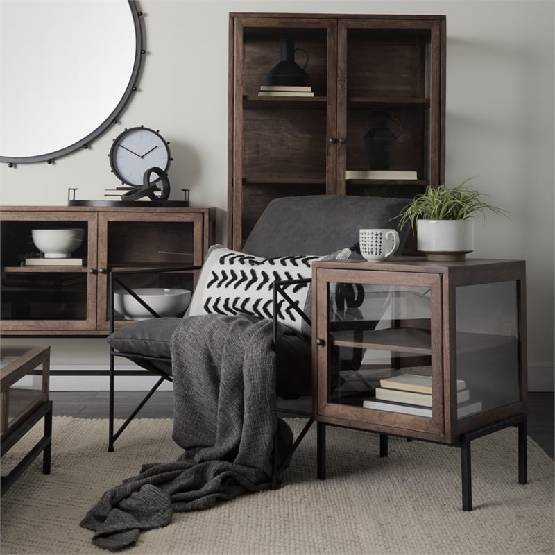 Mercana Arelius Medium Brown Wood W/ Black Metal Base Display Cabinet