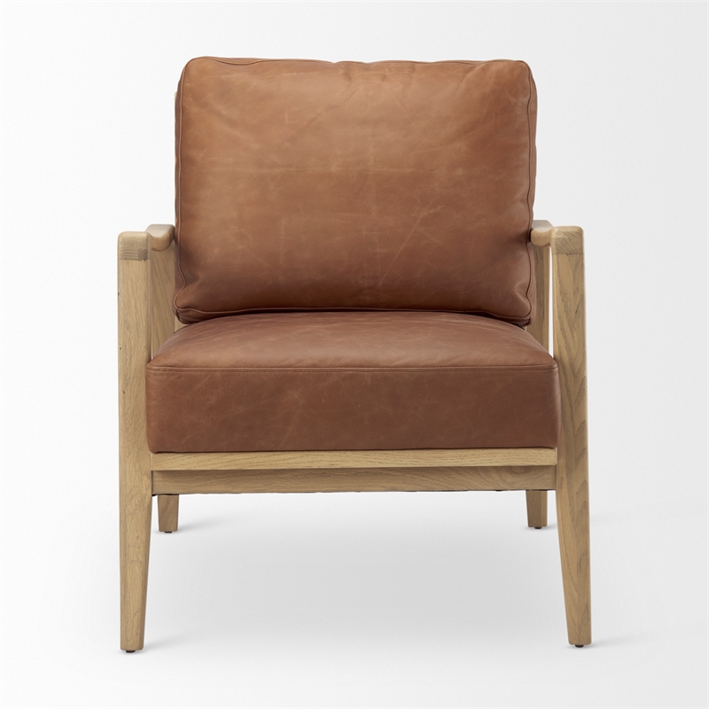 Mercana Raeleigh Cognac Leather W/ Light Brown Wood Frame Accent Chair