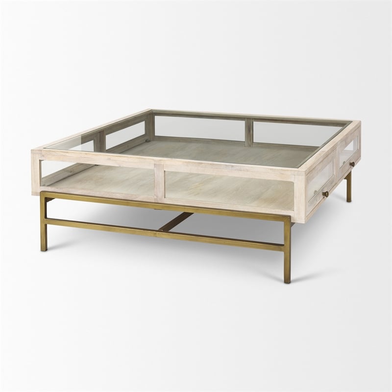 Arelius White Wood Gold Metal Base Square Display Coffee Table