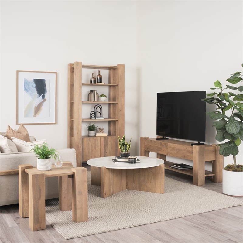 Bianca Light Brown Wood w/ Round Marble Top Coffee Table