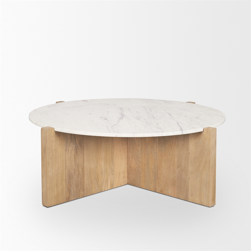 Bianca Light Brown Wood w/ Round Marble Top Coffee Table