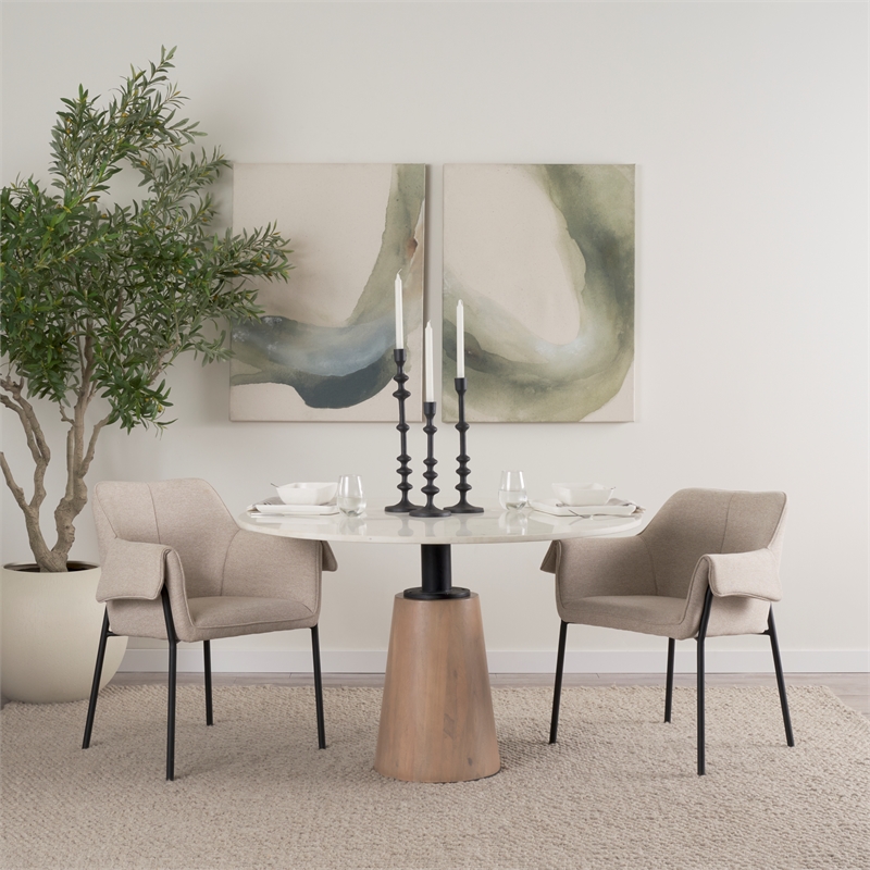 Maxwell White Marble Round Top Black Metal Wood Pedestal Base Dining Table