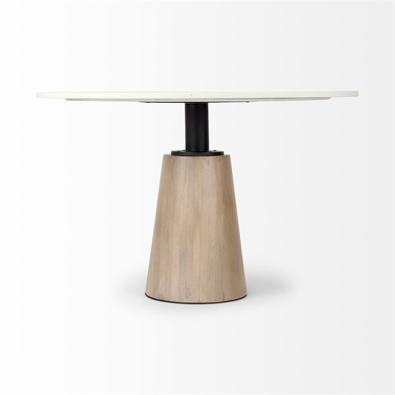 Maxwell White Marble Round Top Black Metal Wood Pedestal Base Dining Table