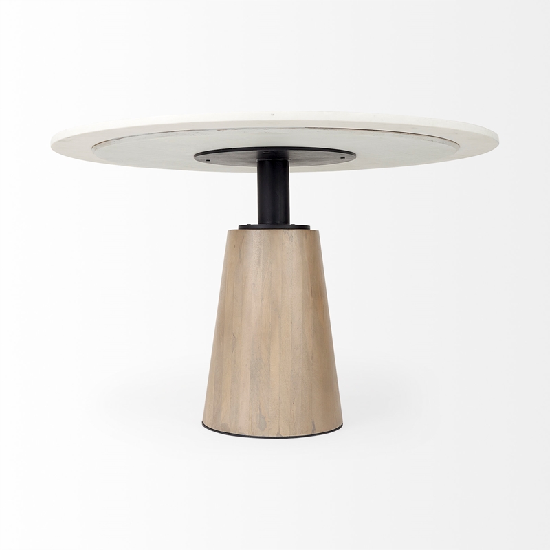 Maxwell White Marble Round Top Black Metal Wood Pedestal Base Dining Table