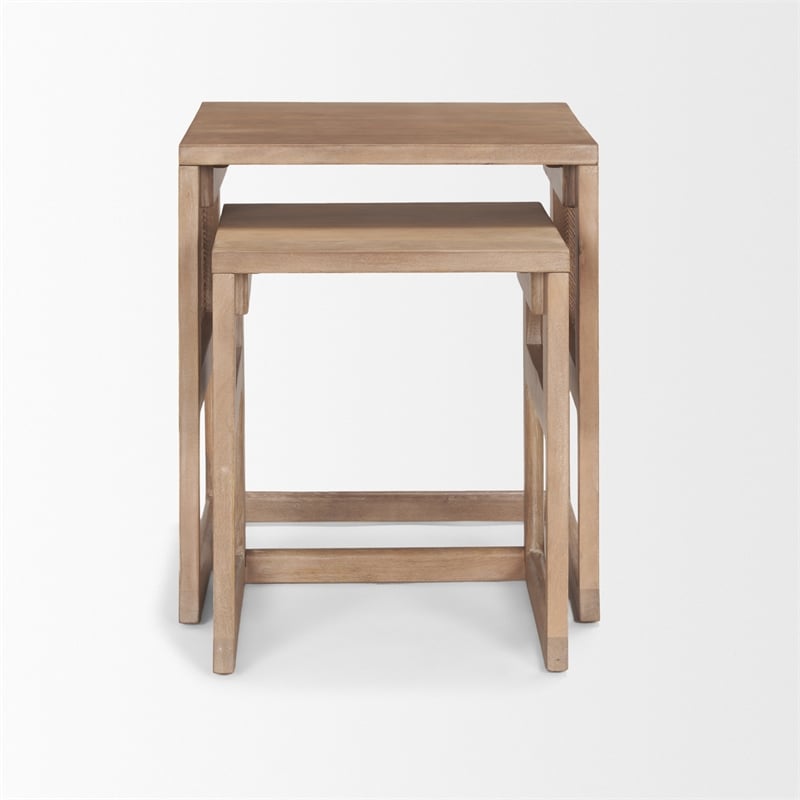 Grier Set of 2 Light Brown Solid Wood w/ Cane Nesting Accent Tables
