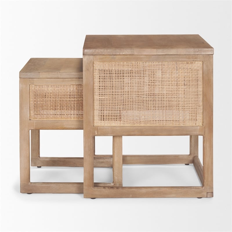 Grier Set of 2 Light Brown Solid Wood w/ Cane Nesting Accent Tables