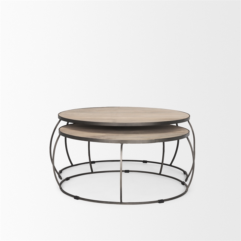 Clapp Round Light Brown White Wash Wood Silver Metal Nesting Coffee Tables
