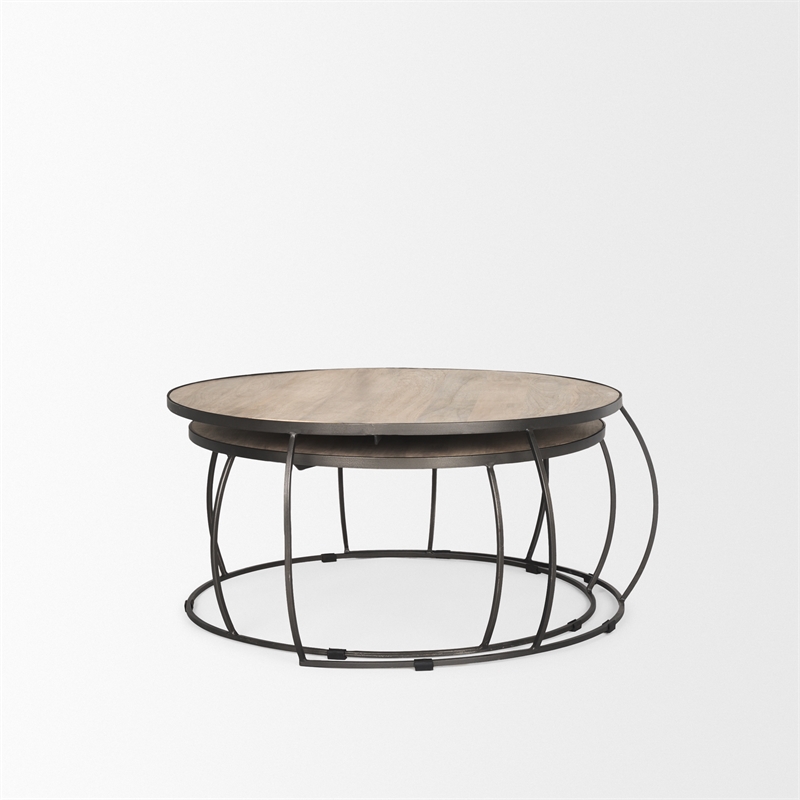 Clapp Round Light Brown White Wash Wood Silver Metal Nesting Coffee Tables