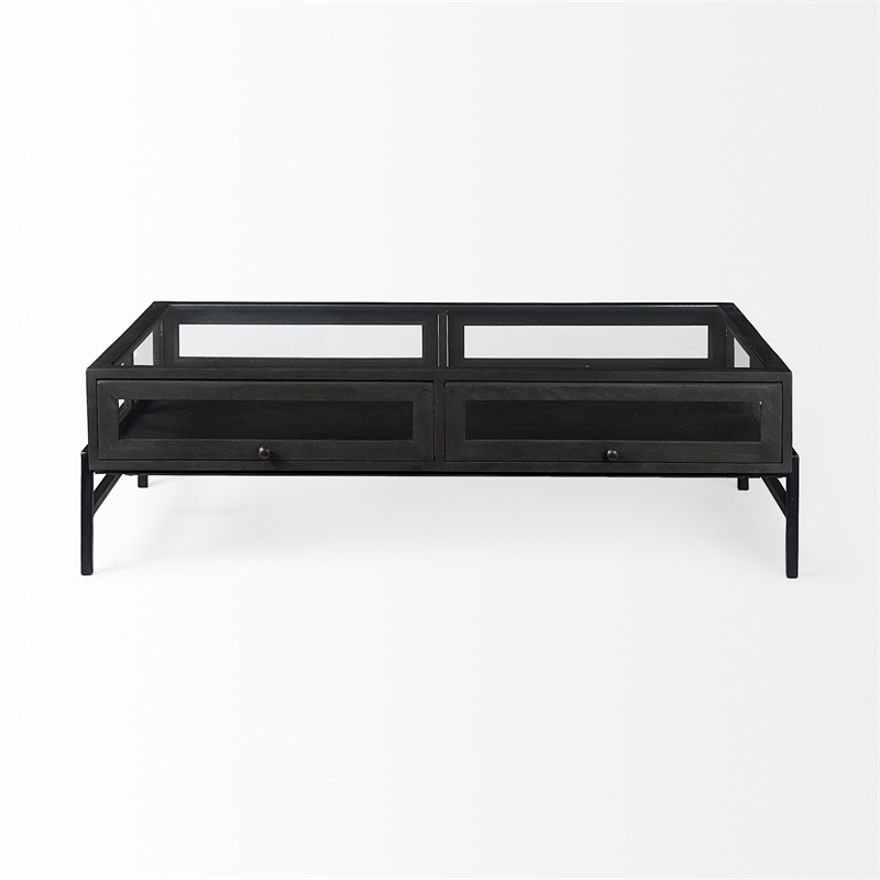 Arelius Rectangular Glass-Top Brown Wood Black Metal Base Coffee Table