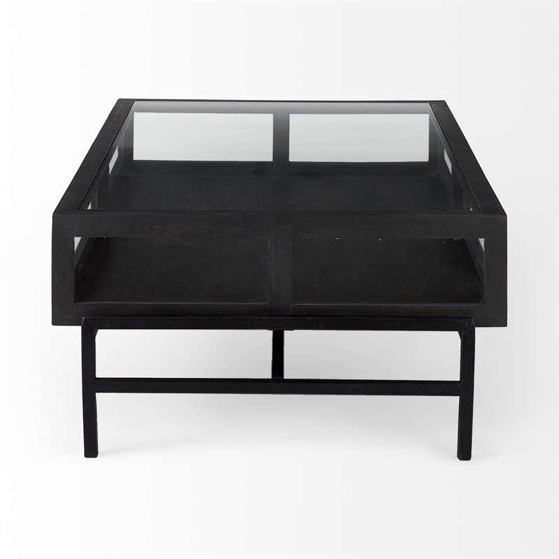 Arelius Rectangular Glass-Top Brown Wood Black Metal Base Coffee Table