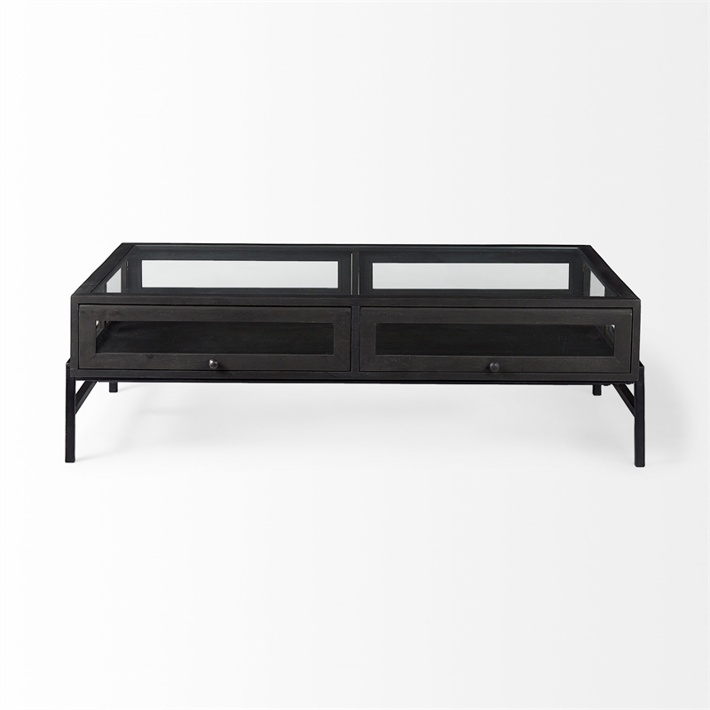 Arelius Rectangular Glass-Top Brown Wood Black Metal Base Coffee Table