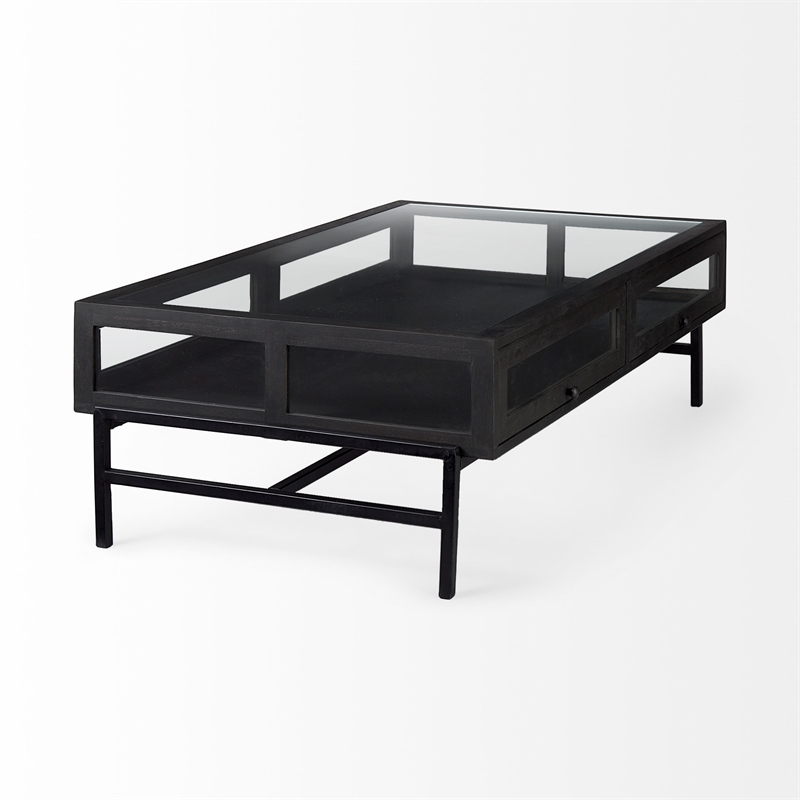 Arelius Rectangular Glass-Top Brown Wood Black Metal Base Coffee Table