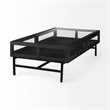 Arelius Rectangular Glass-Top Brown Wood Black Metal Base Coffee Table