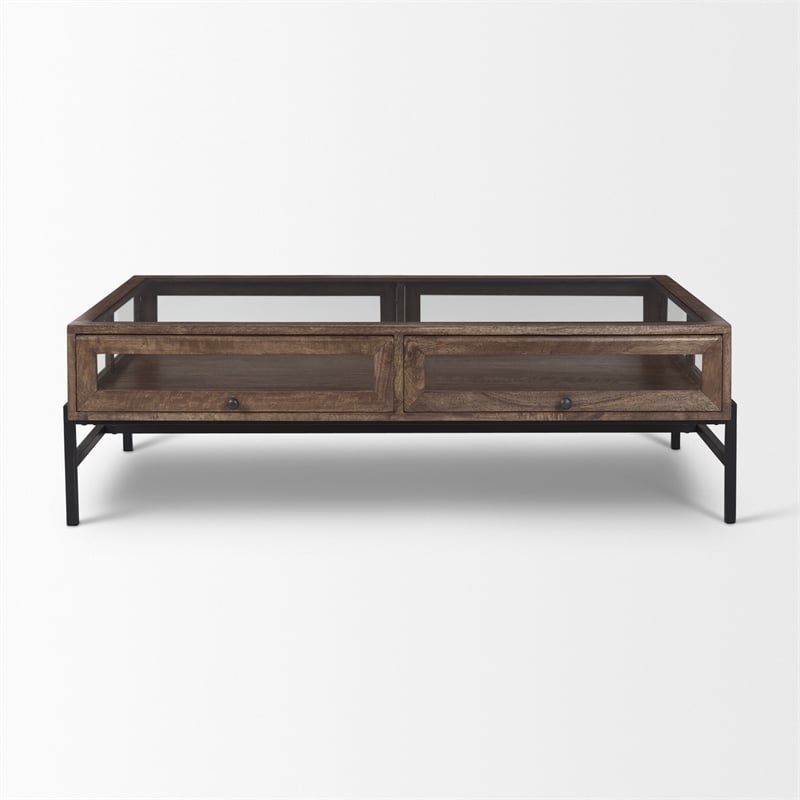 Arelius Rectangular Glass-Top Medium Brown Wood Metal Base Coffee Table