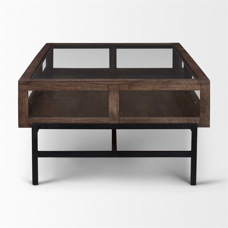 Arelius Rectangular Glass-Top Medium Brown Wood Metal Base Coffee Table