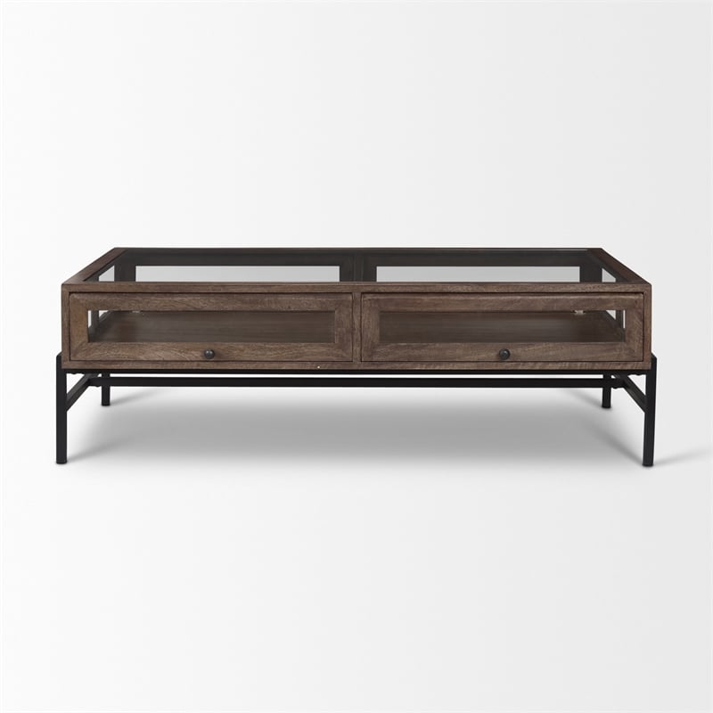 Arelius Rectangular Glass-Top Medium Brown Wood Metal Base Coffee Table