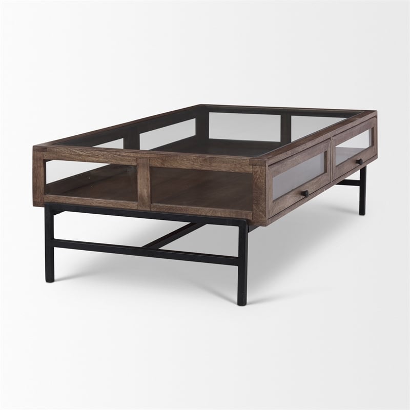 Arelius Rectangular Glass-Top Medium Brown Wood Metal Base Coffee Table