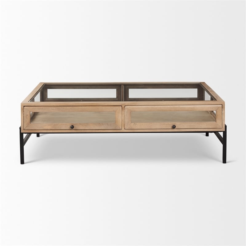 Arelius Rectangular Light Brown Wood Black Metal Base Display Coffee Table