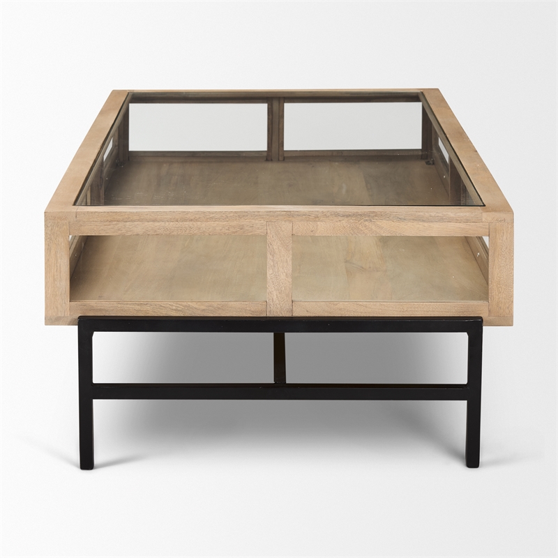 Arelius Rectangular Light Brown Wood Black Metal Base Display Coffee Table