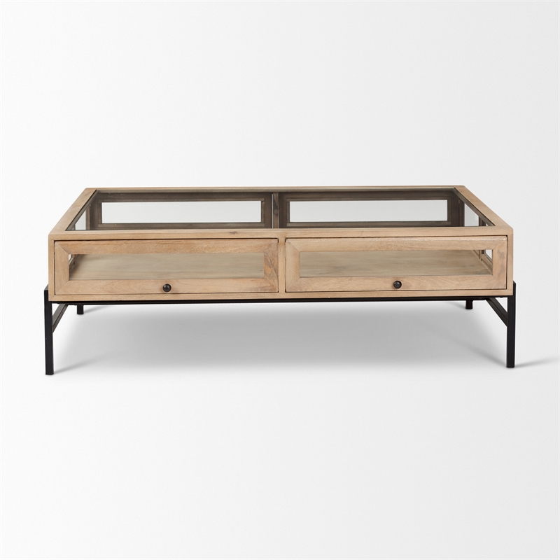 Arelius Rectangular Light Brown Wood Black Metal Base Display Coffee Table