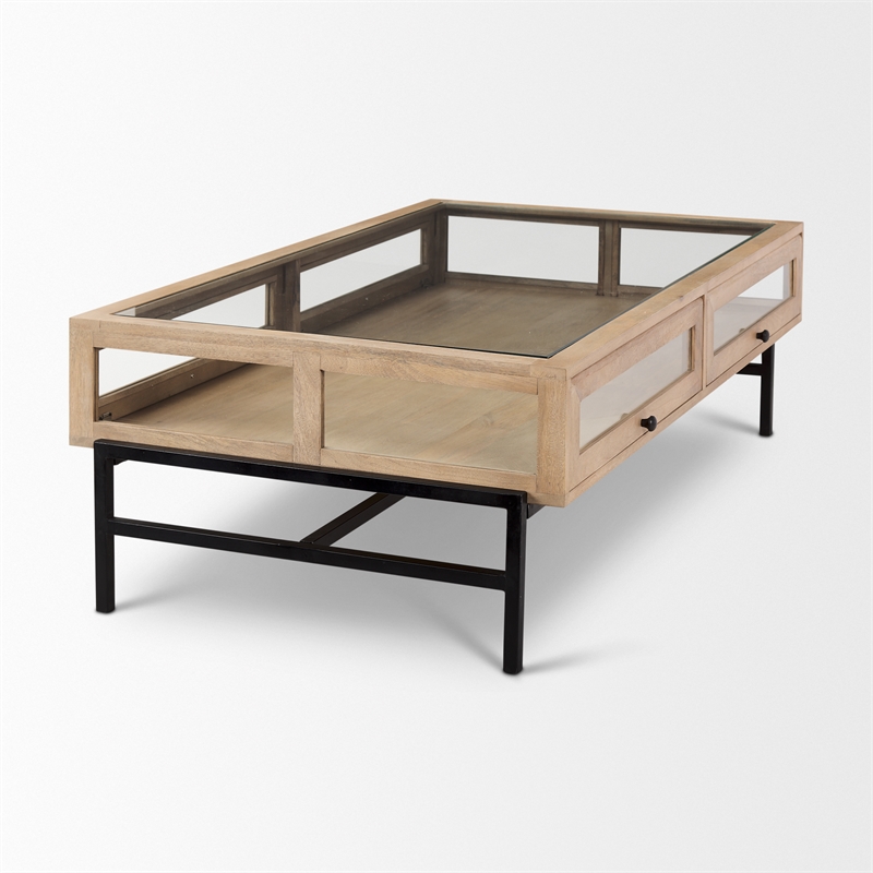 Arelius Rectangular Light Brown Wood Black Metal Base Display Coffee Table