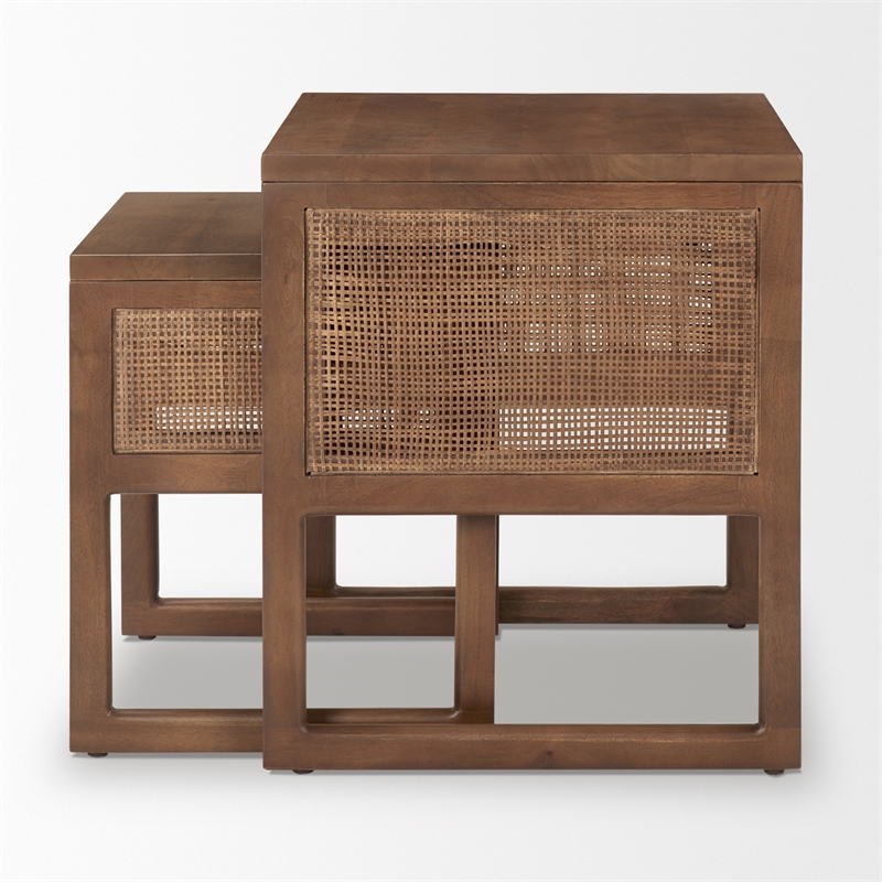 Grier Set of 2 Medium Brown Solid Wood w/ Cane Nesting Accent Tables