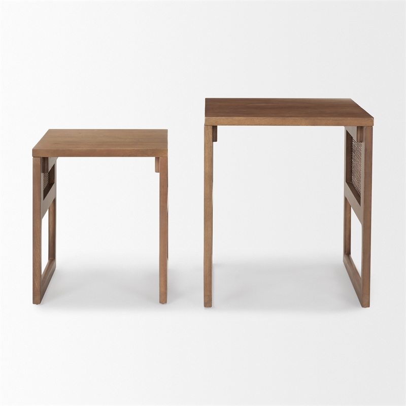 Grier Set of 2 Medium Brown Solid Wood w/ Cane Nesting Accent Tables