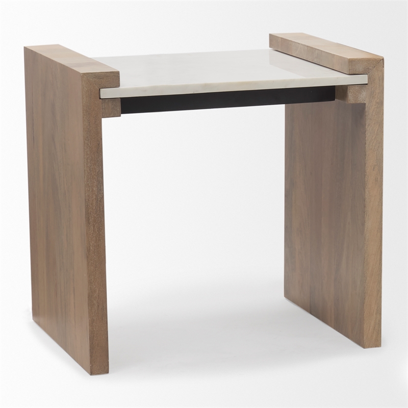 Athens Light Brown Wood w/ White Marble Accent Table