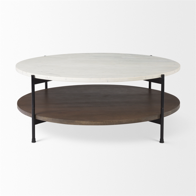 Larkin Round Two-Tier Marble Top Solid Wood Shelf Metal Frame Coffee Table