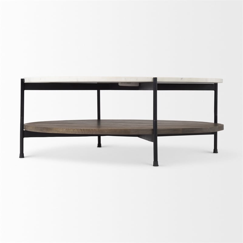 Larkin Round Two-Tier Marble Top Solid Wood Shelf Metal Frame Coffee Table