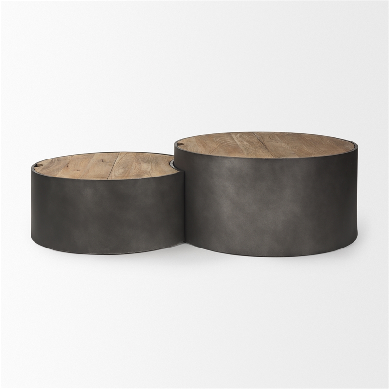 Mercana Eclipse Gunmetal Gray Drum Base w/ Brown Wood Top Nested Coffee Table
