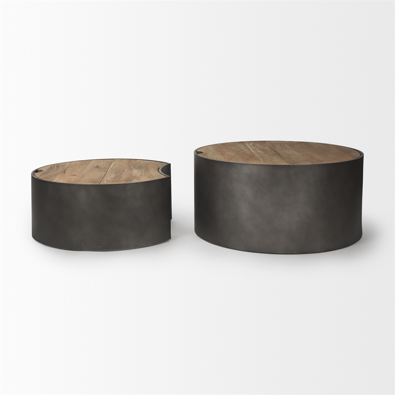 Mercana Eclipse Gunmetal Gray Drum Base w/ Brown Wood Top Nested Coffee Table