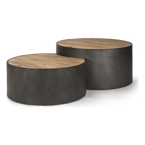 Mercana Eclipse Gunmetal Gray Drum Base w/ Brown Wood Top Nested Coffee Table