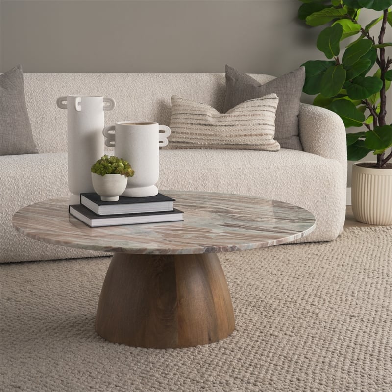 Allyson Round Brown Pedestal w/ Pink Marble Top Coffee Table