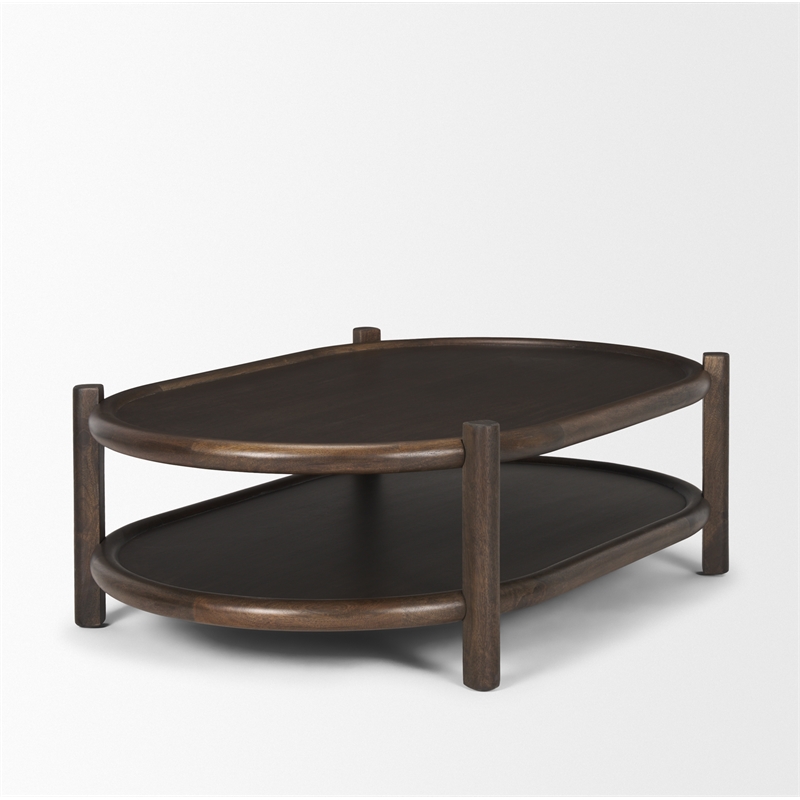 Mercana Furniture Romi Dark Brown Wood w/ Bottom Shelf Oval Coffee Table