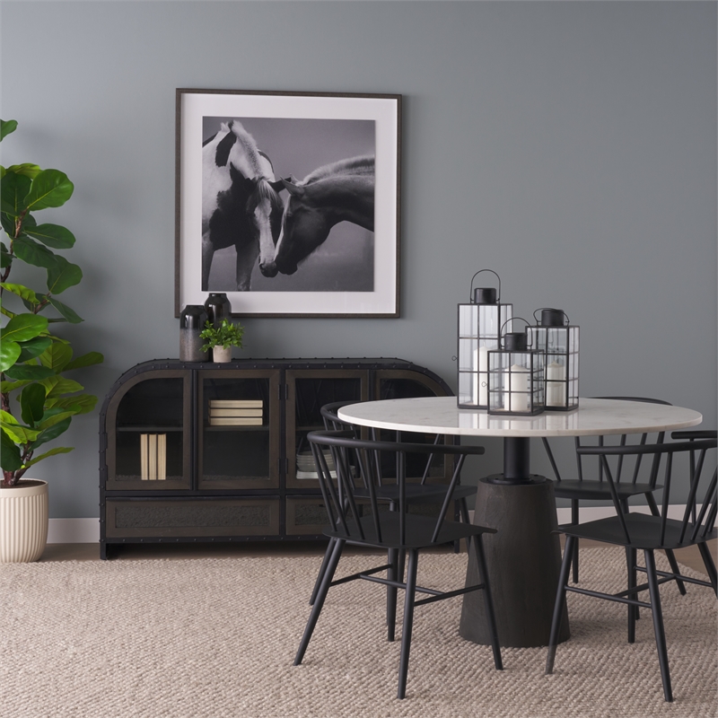 Maxwell Round White Marble Top Black Metal Wood Pedestal Base Dining Table