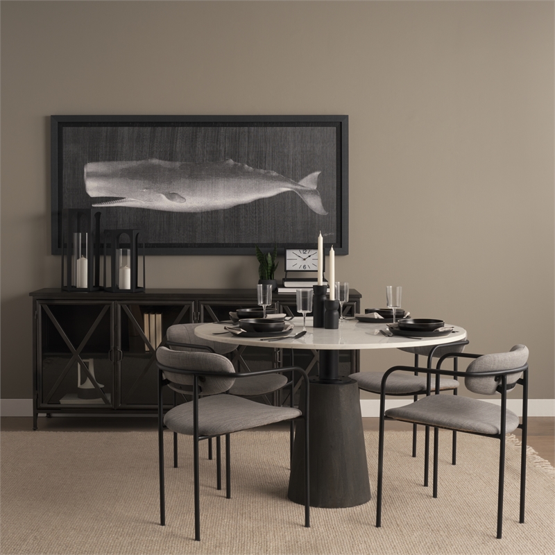 Maxwell Round White Marble Top Black Metal Wood Pedestal Base Dining Table