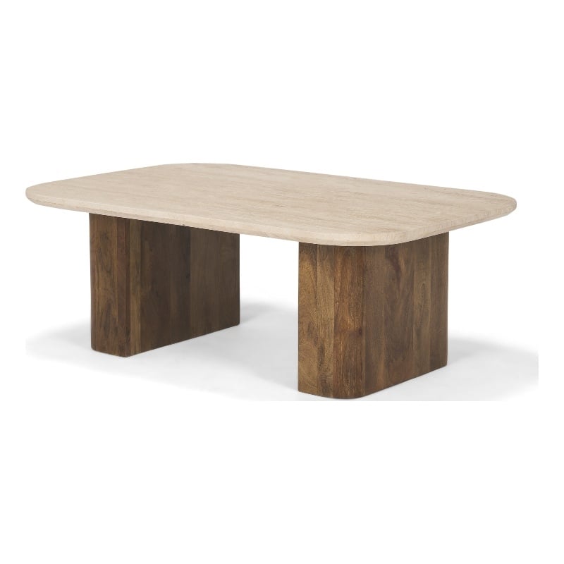 Symona Travertine and Mango Wood Rectangle Coffee Table