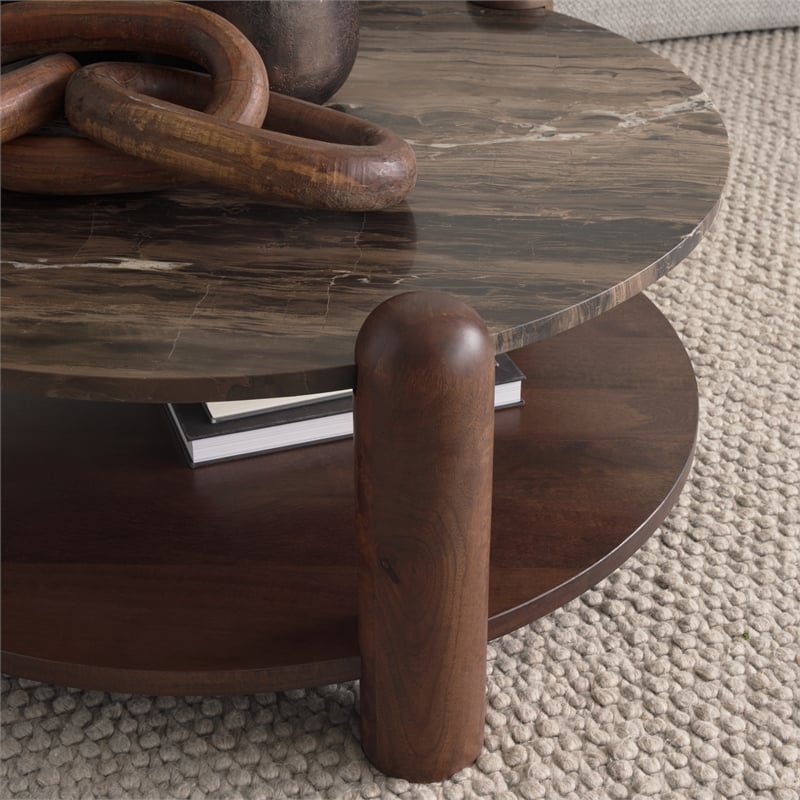 Mercana Jovia Mango Wood and Marble Round Coffee Table in Brown/Cappuccino