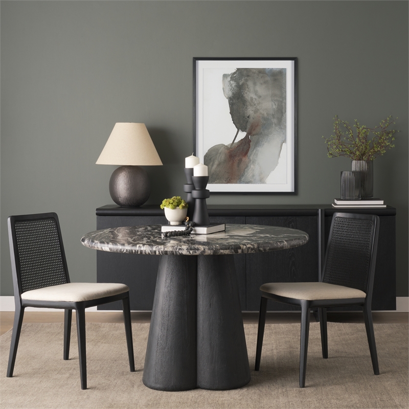Mercana Furniture Marilyn Forest Marble Black Wood Pedestal Round Dining Table