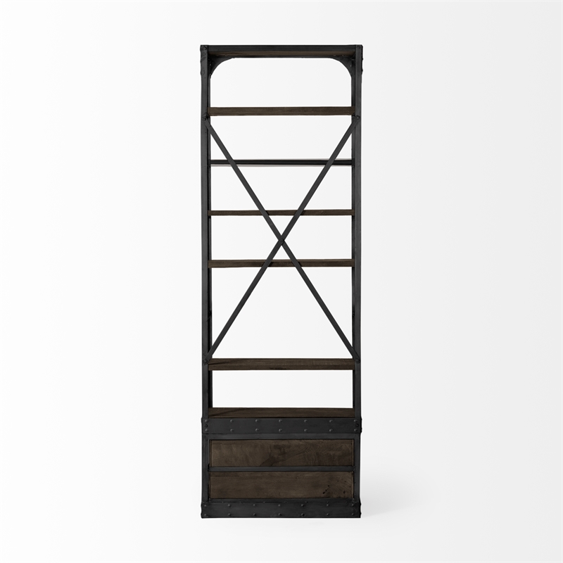 Brodie VII Brown Wood Gun-Metal Bracing Four Shelf Shelving Unit