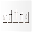 Jarvis Set of Five Dark Brown Metal and Glass Chemistry Inspired Bottles