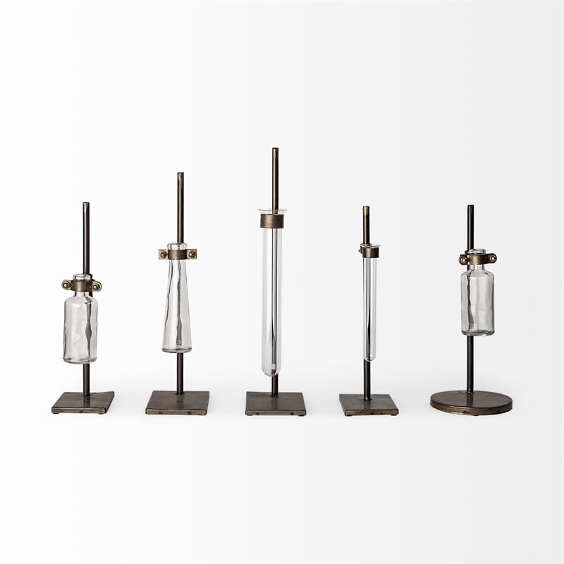 Jarvis Set of Five Dark Brown Metal and Glass Chemistry Inspired Bottles