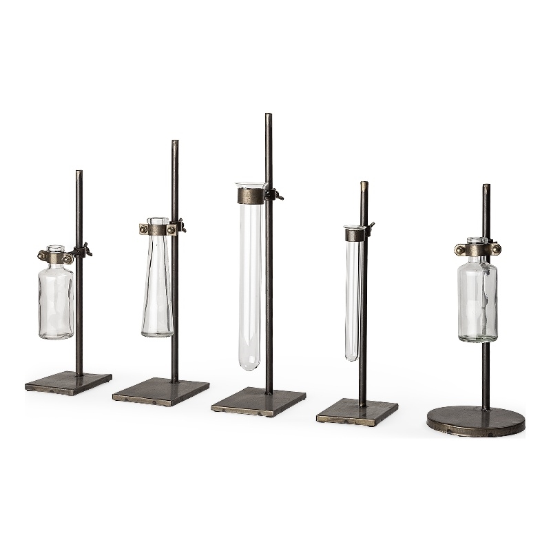 Jarvis Set of Five Dark Brown Metal and Glass Chemistry Inspired Bottles